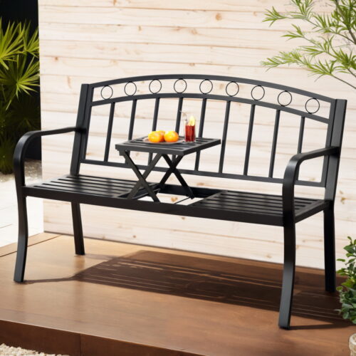 Gardeon Outdoor Garden Bench Seat Loveseat Steel Foldable Table Patio Furniture Black - Image 7