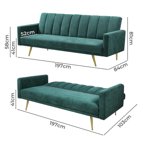 Levede Sofa Bed Convertible Velvet Lounge Recliner Couch Sleeper 3 Seater Green - Image 3
