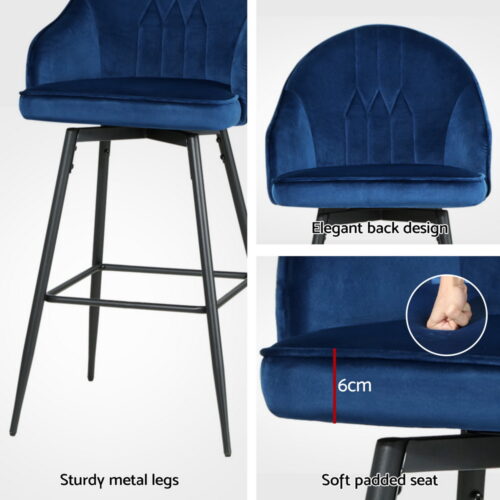 Artiss 4x Bar Stools Velvet Swivel Metal Legs Blue - Image 5