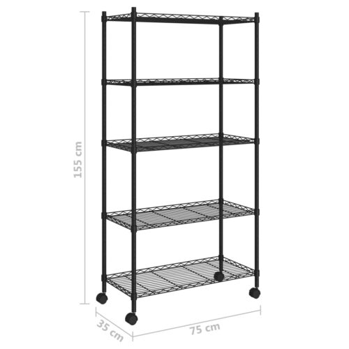 5-Tier Storage Shelf with Wheels 75x35x155cm Black 250KG - Image 7