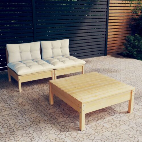 3-Piece Garden Sofa Set with Cream Cushions Outdoor Patio Lounge Furniture Pinewood - Image 2