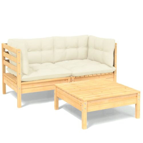 3-Piece Garden Sofa Set with Cream Cushions Outdoor Patio Lounge Furniture Pinewood - Image 10