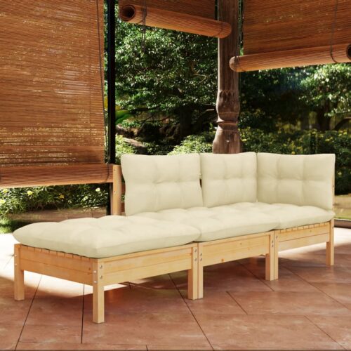 3-Piece Garden Sofa Set with Cream Cushions Outdoor Patio Lounge Furniture Solid Wood Pine - Image 2