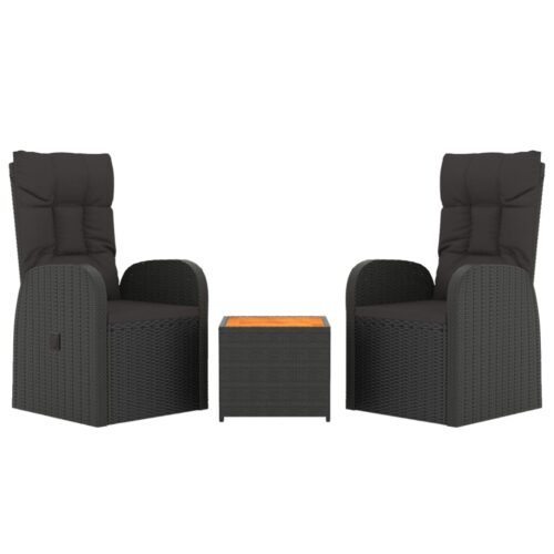 3-Piece Garden Lounge Set Black Poly Rattan Solid Wood Acacia - Image 3