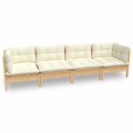 4-Piece Garden Sofa Set with Cream Cushions Outdoor Patio Lounge Furniture Solid Pinewood