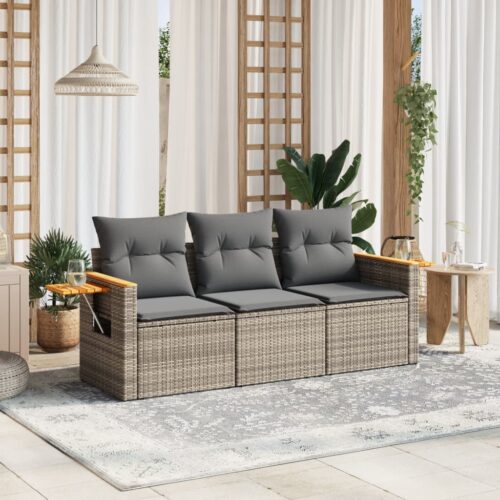 3-Piece Garden Sofa Set with Cushions Outdoor Patio Lounge Furniture Grey Poly Rattan - Image 2