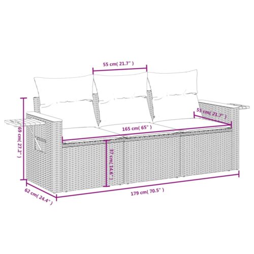 3-Piece Garden Sofa Set with Cushions Outdoor Patio Lounge Furniture Grey Poly Rattan - Image 7