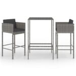 3-Piece Garden Bar Set with Cushions Outdoor Patio Lounge Furniture Poly Rattan Grey