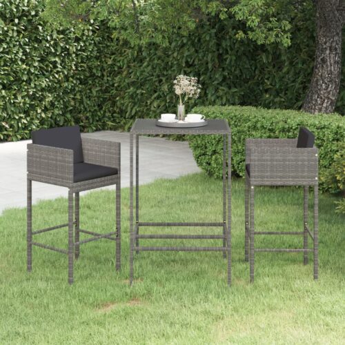 3-Piece Garden Bar Set with Cushions Outdoor Patio Lounge Furniture Poly Rattan Grey - Image 2