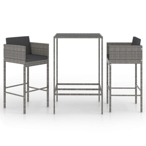 3-Piece Garden Bar Set with Cushions Outdoor Patio Lounge Furniture Poly Rattan Grey - Image 11