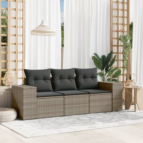 3-Piece Garden Sofa Set with Cushions Outdoor Patio Lounge Furniture Grey Poly Rattan - Image 2