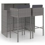 3-Piece Garden Bar Set with Cushions Outdoor Patio Lounge Furniture Poly Rattan Grey