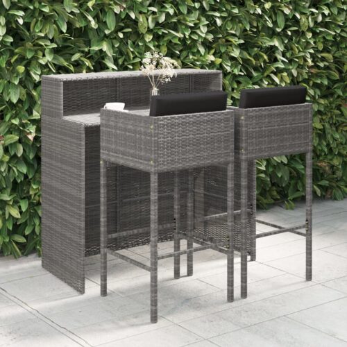3-Piece Garden Bar Set with Cushions Outdoor Patio Lounge Furniture Poly Rattan Grey - Image 2