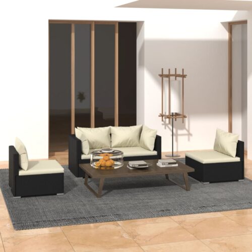 4-Piece Garden Sofa Set with Cushions Outdoor Patio Lounge Furniture Poly Rattan Black - Image 2