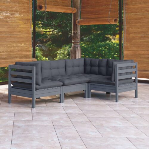 4-Piece Garden Sofa Set with Cushions Outdoor Patio Lounge Furniture Grey Pinewood - Image 2