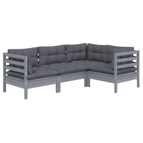 4-Piece Garden Sofa Set with Cushions Outdoor Patio Lounge Furniture Grey Pinewood - Image 3