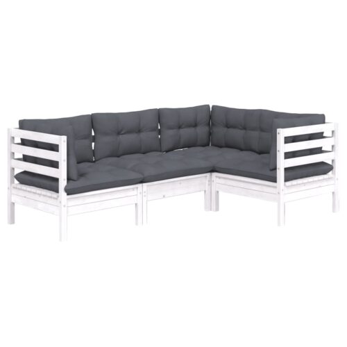 4-Piece Garden Sofa Set with Cushions Outdoor Patio Lounge Furniture White Pinewood - Image 3