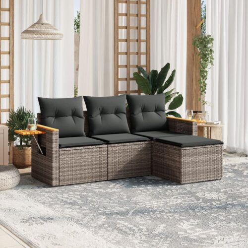 4-Piece Garden Sofa Set with Cushions Outdoor Patio Lounge Furniture Grey Poly Rattan - Image 2