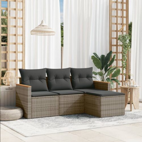 4-Piece Garden Sofa Set with Cushions Outdoor Patio Lounge Furniture Grey Poly Rattan - Image 2