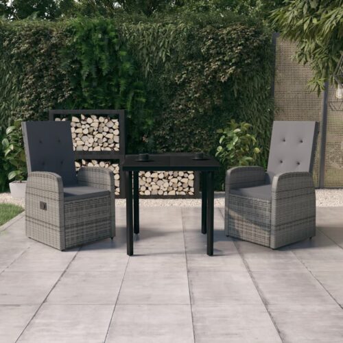 3-Piece Garden Dining Set with Cushions Outdoor Patio Lounge Furniture Grey - Image 2
