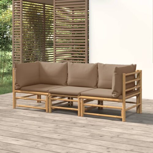 3-Piece Garden Sofa Set with Taupe Cushions Outdoor Patio Lounge Furniture Bamboo - Image 2