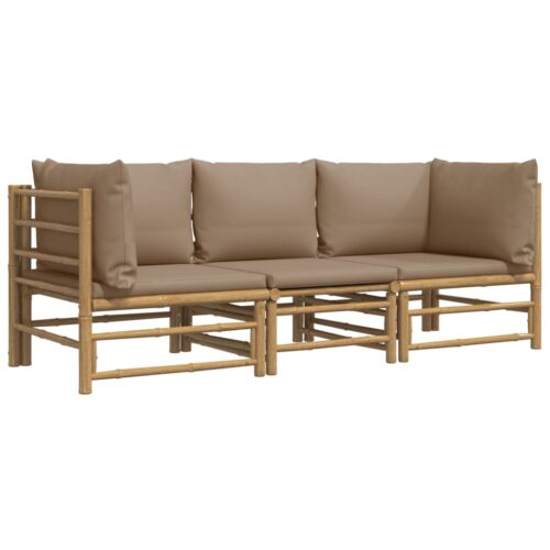 3-Piece Garden Sofa Set with Taupe Cushions Outdoor Patio Lounge Furniture Bamboo - Image 3