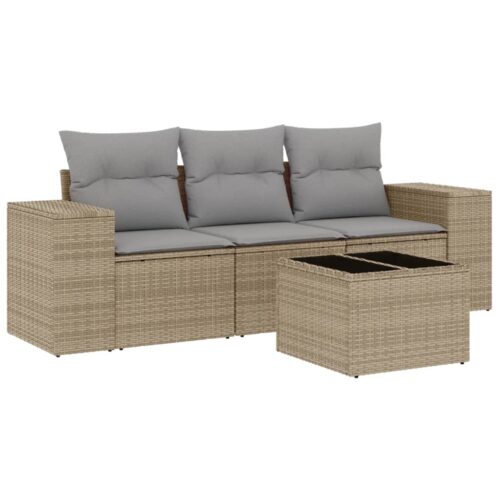 4-Piece Garden Sofa Set with Cushions Outdoor Patio Lounge Furniture Beige Poly Rattan