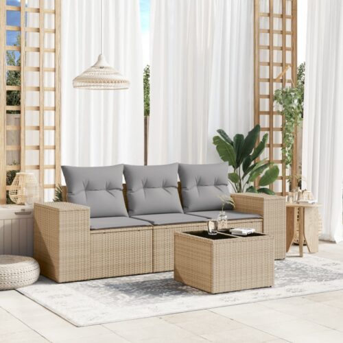 4-Piece Garden Sofa Set with Cushions Outdoor Patio Lounge Furniture Beige Poly Rattan - Image 2