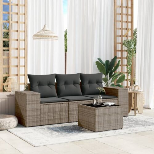 4-Piece Garden Sofa Set with Cushions Outdoor Patio Lounge Furniture Grey Poly Rattan - Image 2