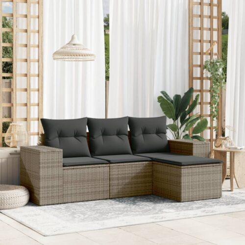 4-Piece Garden Sofa Set with Cushions Outdoor Patio Lounge Furniture Grey Poly Rattan - Image 2