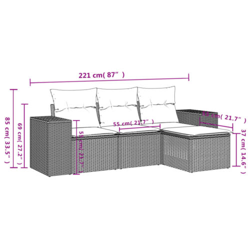 4-Piece Garden Sofa Set with Cushions Outdoor Patio Lounge Furniture Grey Poly Rattan - Image 3