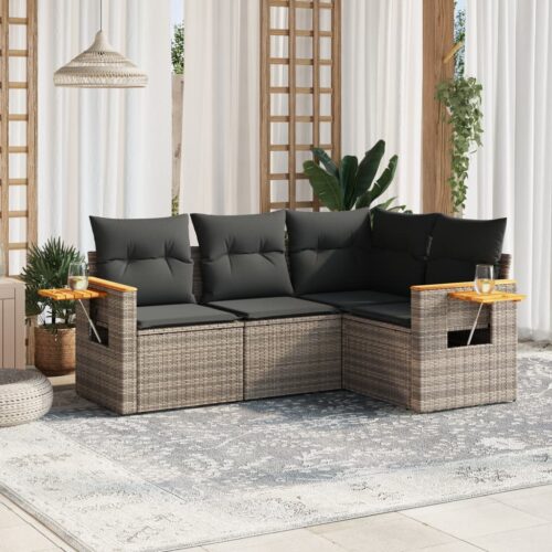 4-Piece Garden Sofa Set with Cushions Outdoor Patio Lounge Furniture Grey Poly Rattan - Image 2