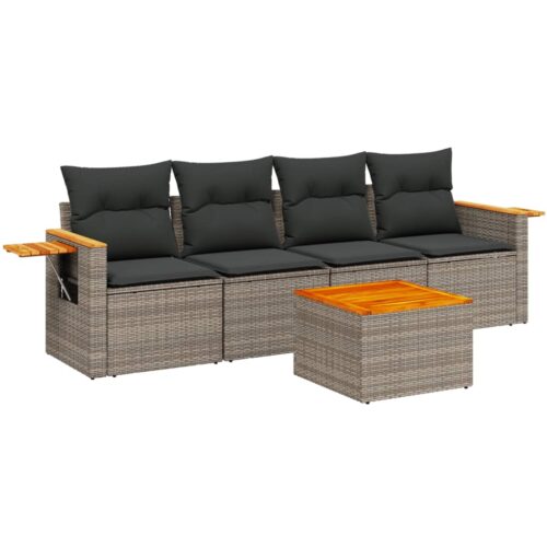 5-Piece Garden Sofa Set with Cushions Outdoor Patio Lounge Furniture Grey Poly Rattan