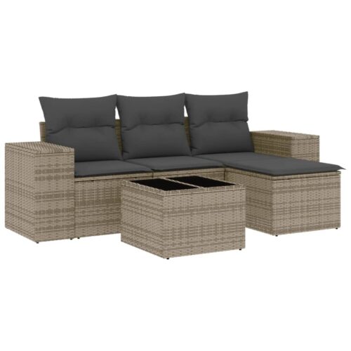 5-Piece Garden Sofa Set with Cushions Outdoor Patio Lounge Furniture Grey Poly Rattan - Image 5
