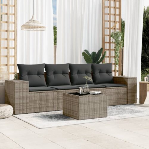 5-Piece Garden Sofa Set with Cushions Outdoor Patio Lounge Furniture Grey Poly Rattan - Image 2