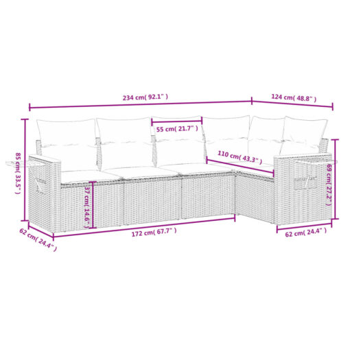 5-Piece Garden Sofa Set with Cushions Outdoor Patio Lounge Furniture Grey Poly Rattan - Image 8