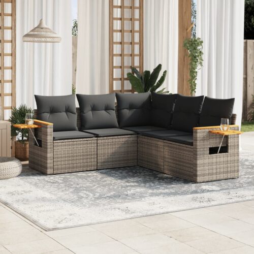 5-Piece Garden Sofa Set with Cushions Outdoor Patio Lounge Furniture Grey Poly Rattan - Image 2