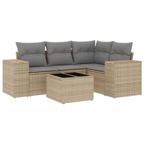 5-Piece Garden Sofa Set with Cushions Outdoor Patio Lounge Furniture Beige Poly Rattan - Image 5