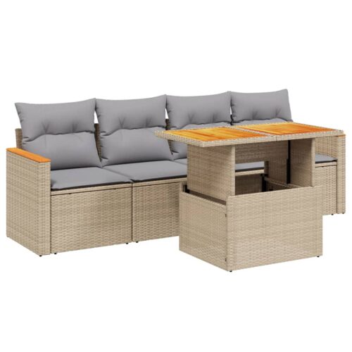 5-Piece Garden Sofa Set with Cushions Outdoor Patio Lounge Furniture Beige Poly Rattan
