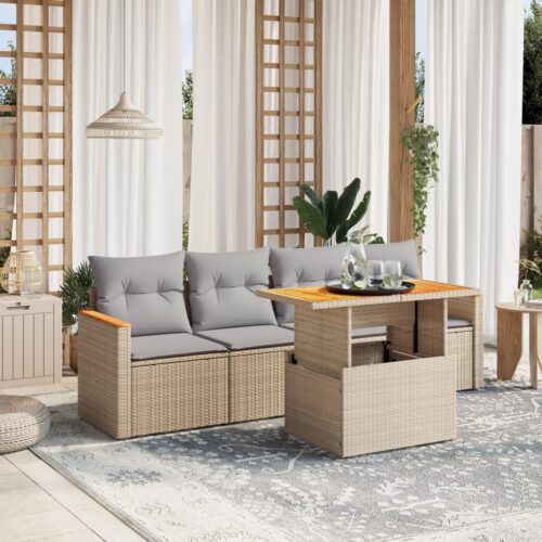 5-Piece Garden Sofa Set with Cushions Outdoor Patio Lounge Furniture Beige Poly Rattan - Image 2