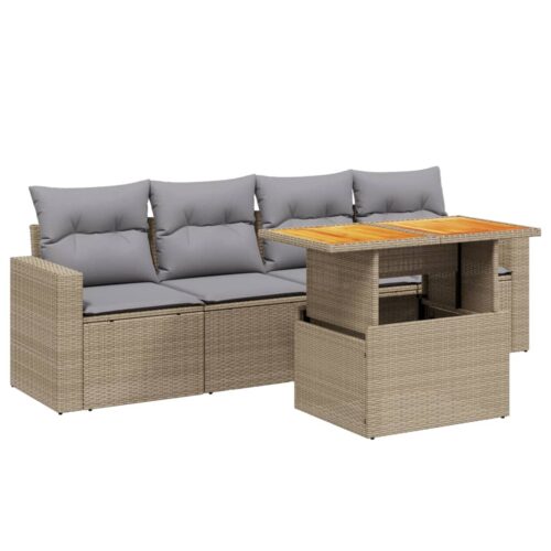 5-Piece Garden Sofa Set with Cushions Outdoor Patio Lounge Furniture Beige Poly Rattan - Image 5