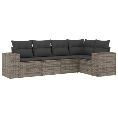 5-Piece Garden Sofa Set with Cushions Outdoor Patio Lounge Furniture Grey Poly Rattan