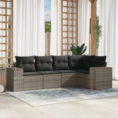 5-Piece Garden Sofa Set with Cushions Outdoor Patio Lounge Furniture Grey Poly Rattan - Image 2
