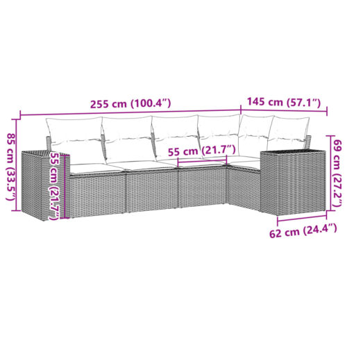 5-Piece Garden Sofa Set with Cushions Outdoor Patio Lounge Furniture Grey Poly Rattan - Image 3