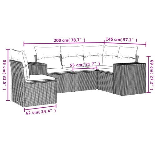 5-Piece Garden Sofa Set with Cushions Outdoor Patio Lounge Furniture Grey Poly Rattan - Image 3
