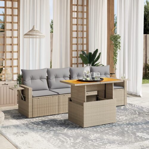 5-Piece Garden Sofa Set with Cushions Outdoor Patio Lounge Furniture Beige Poly Rattan - Image 2
