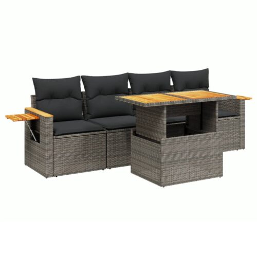 5-Piece Garden Sofa Set with Cushions Outdoor Patio Lounge Furniture Grey Poly Rattan