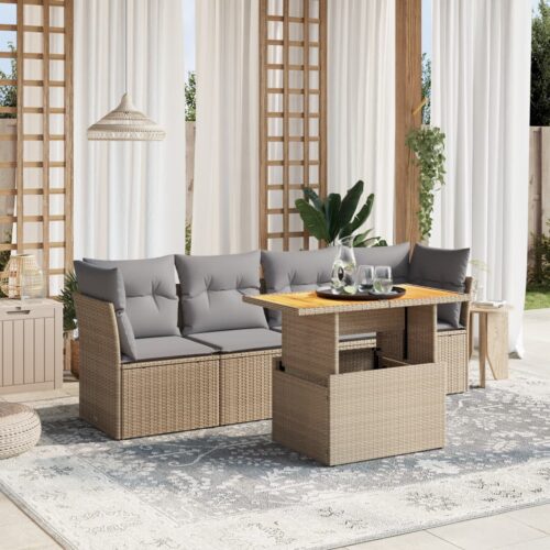 5-Piece Garden Sofa Set with Cushions Outdoor Patio Lounge Furniture Beige Poly Rattan - Image 2