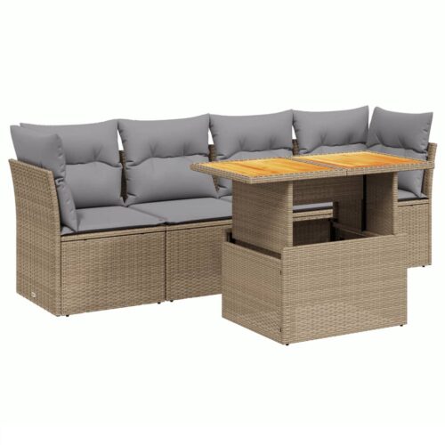 5-Piece Garden Sofa Set with Cushions Outdoor Patio Lounge Furniture Beige Poly Rattan - Image 5