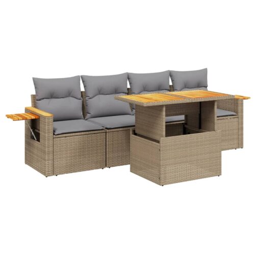5-Piece Garden Sofa Set with Cushions Outdoor Patio Lounge Furniture Beige Poly Rattan